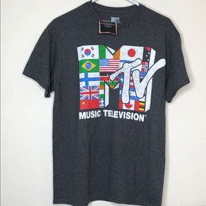 MTV Music Television 90s Flag Graphic Short Sleeve Gray Tee - Size Medum
